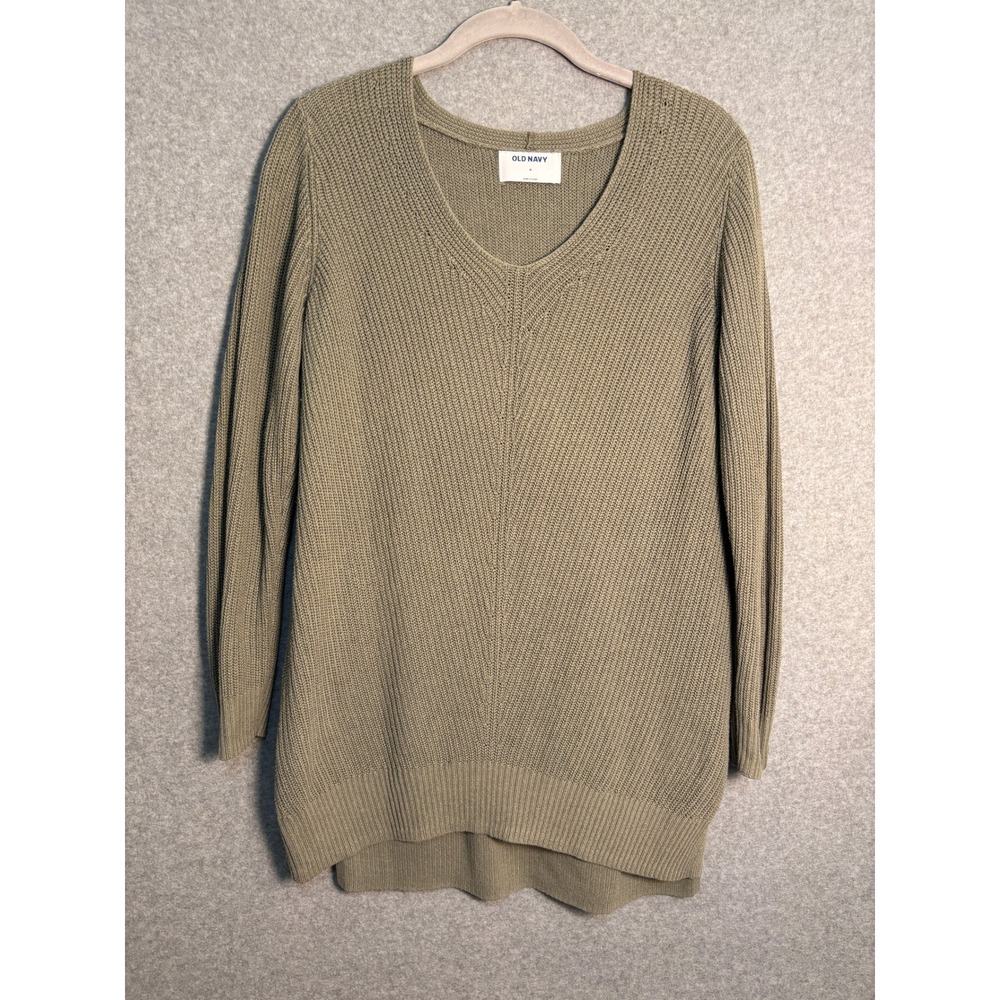 Old Navy Women's Taupe Chunky Knit Sweater Medium Hi Low Tunic V Neck Minimalist